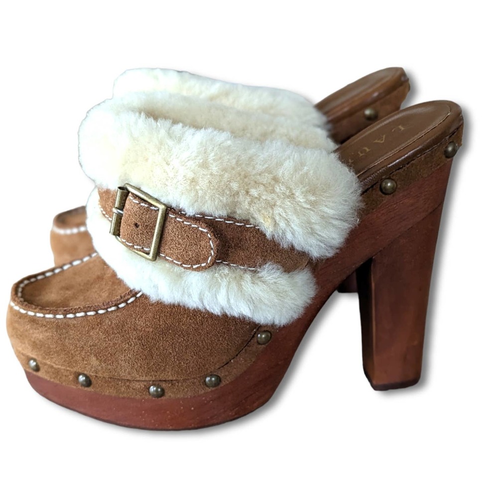 Ralph Lauren Suede Shearling Wooden Heeled Clogs Women's Size 7 New